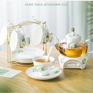 Vintage magnolia tea set with/24k gilded gold/warmer, glass tea pot,